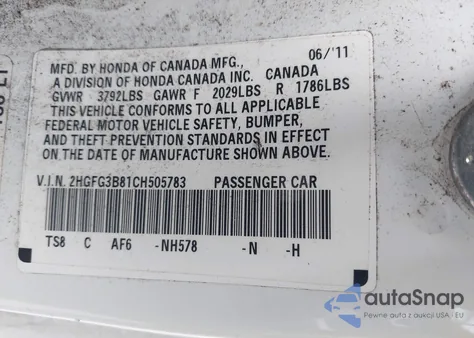 2012 Honda Civic Ex z USA, uszkodzony, nr VIN 2HGFG3B81CH505783